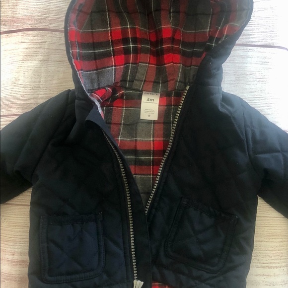 Carter’s 3 Mo Hooded Quilted Jacket Flannel Plaid Lining - Picture 1 of 5